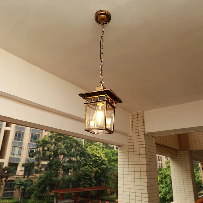 lampe suspendue vintage noir bronze verre transparent cadre carré chambre salon étude chambre d'hôtel