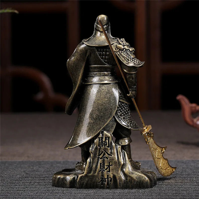 statue bouddha guan gong bronze armure historique décoration maison épée dorée résine feng shui