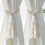 rideaux boho chic tissés main rubans décoratifs coton opaques beige clair noecs ornements