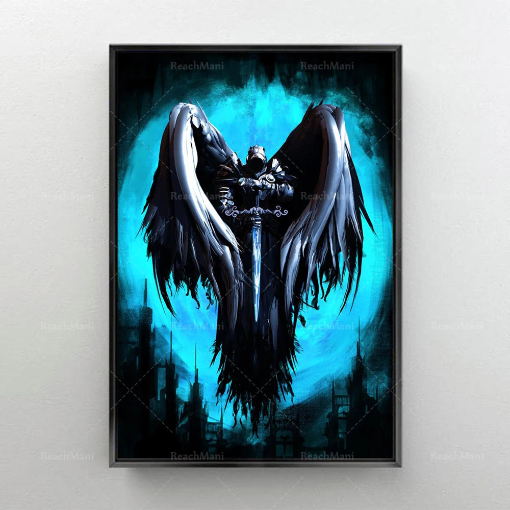 Une représentation sombre et fantastique d'un ange déchu armé d'une épée, aux ailes noires déployées sur un fond bleu turquoise.