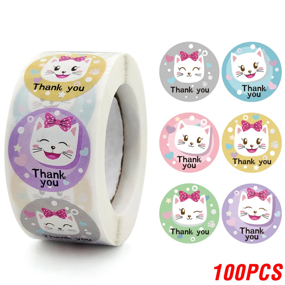 autocollants kawaii chats souriants arc ciel thank you coeurs étoiles adhésifs opaques blanc rose
