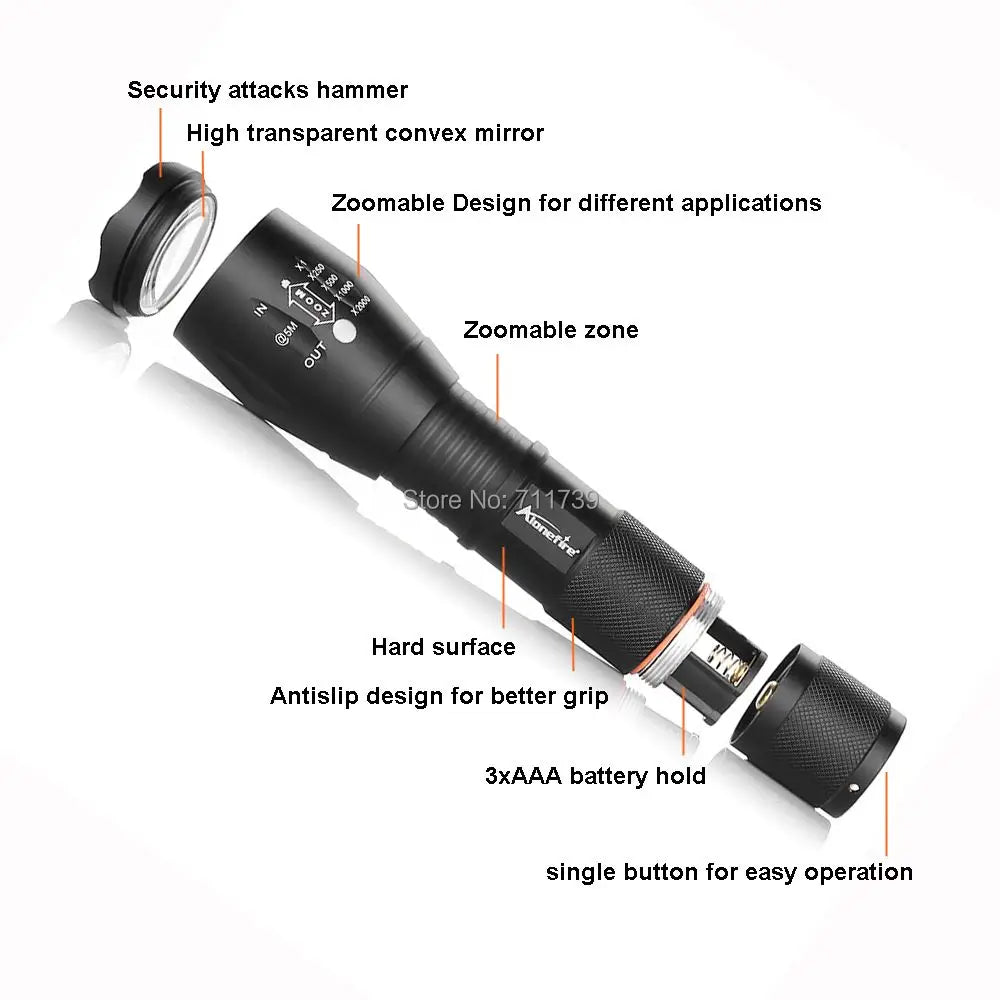torche led rechargeable ultra lumineuse zoomable résistante auto défense camping