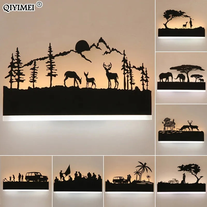 lampes murales rustiques safari silhouettes animaux led chambre coucher éclairage moderne diffuse