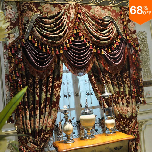 rideaux floral brodés marron beige vert doré opaques classiques baroques franges
