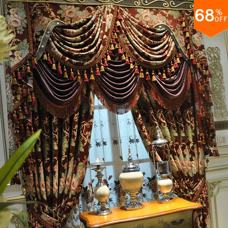rideaux floral brodés marron beige vert doré opaques classiques baroques franges