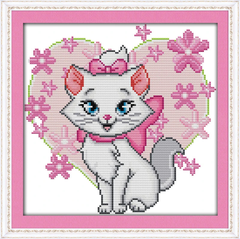 kit broderie chat rose dessin animé points croix toile coton instructions fil blanc vert