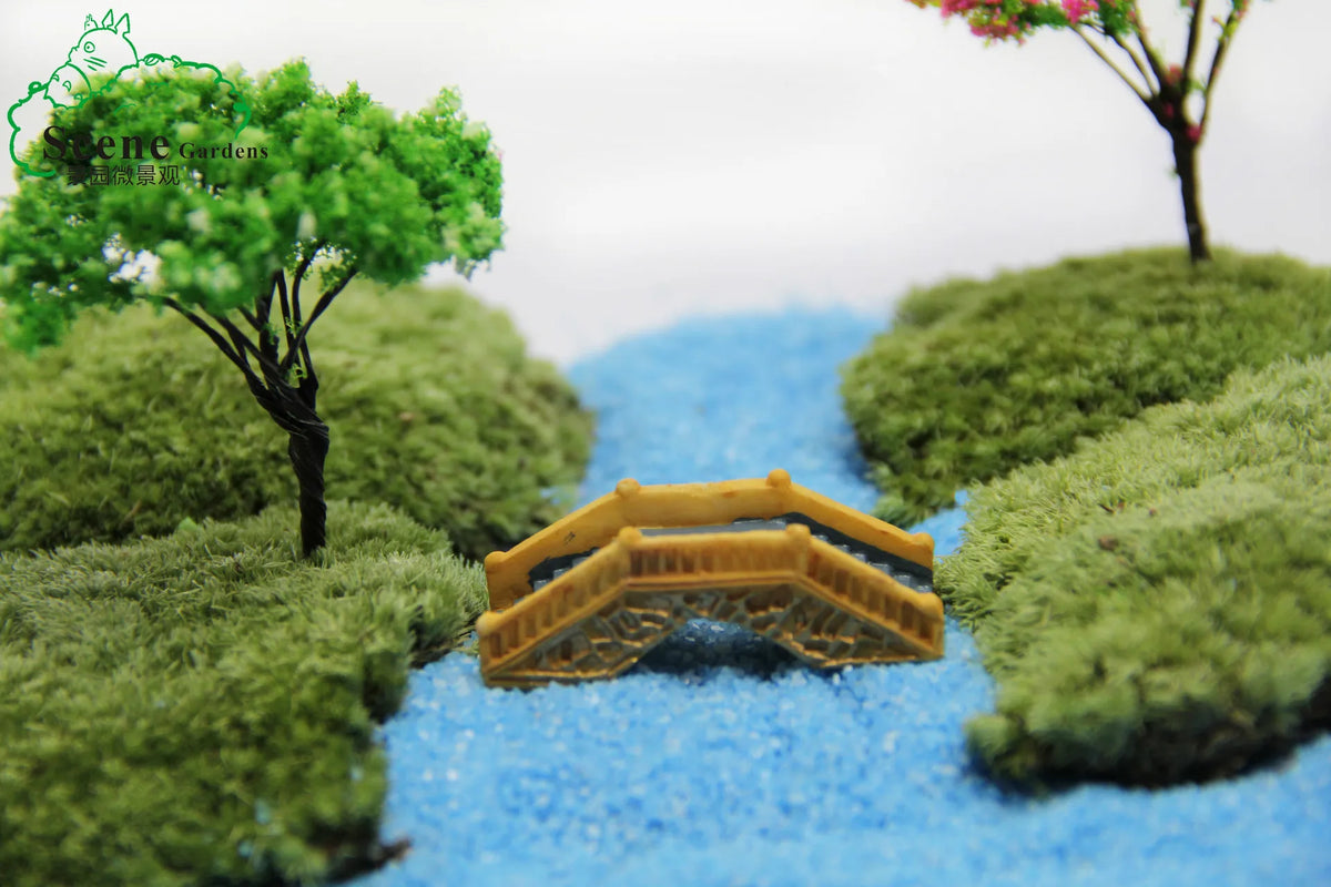 miniature maison jardin rustique résine pierre bois porte fenêtre toit pont moulin ventillage
