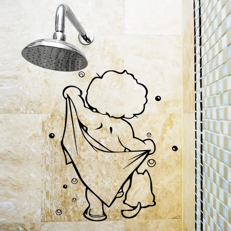 sticker autocollant mural salle bains dessin noir blanc personne serviette bulles transparent amovible résistant