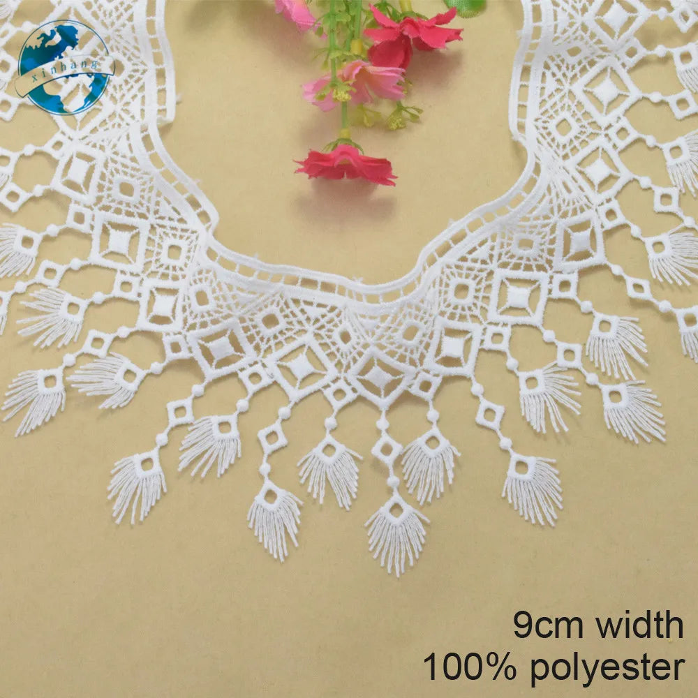 ruban dentelle polyester blanc motif géométrique franges largeur 9cm classique bricolage couture decoration écologique