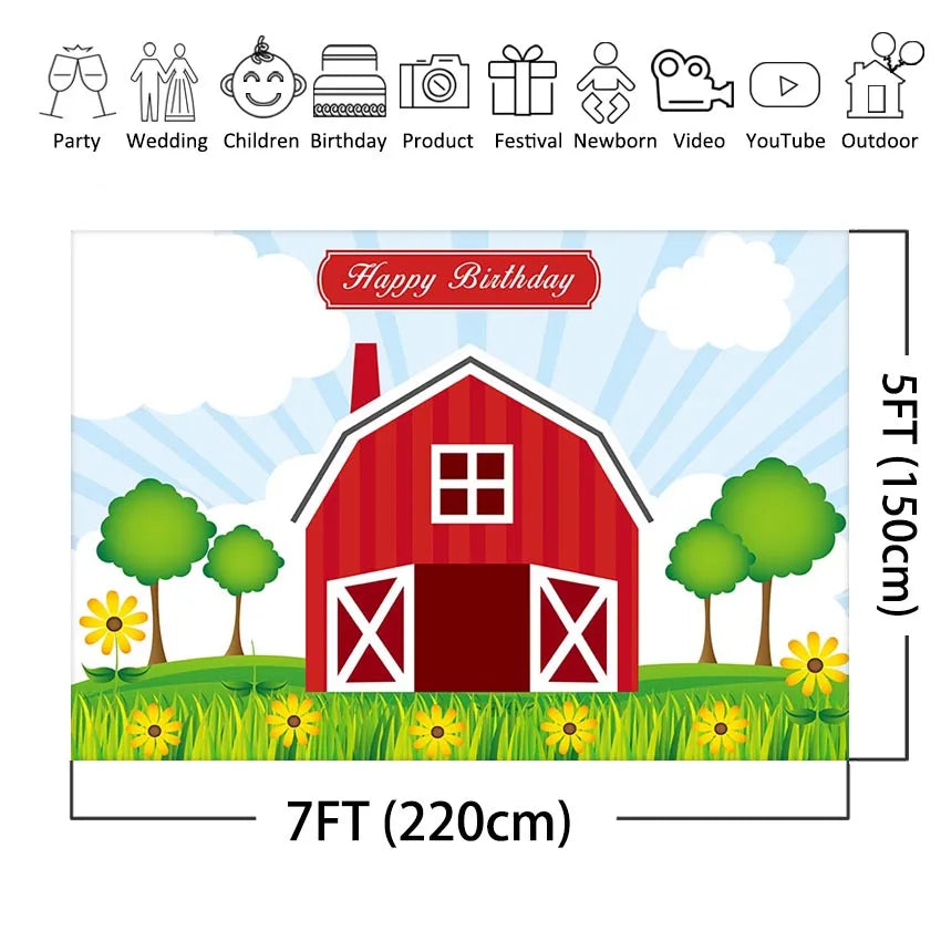fond photo anniversaire ferme grange rouge cartoon décor studio fête enfant vinyle personnalisable
