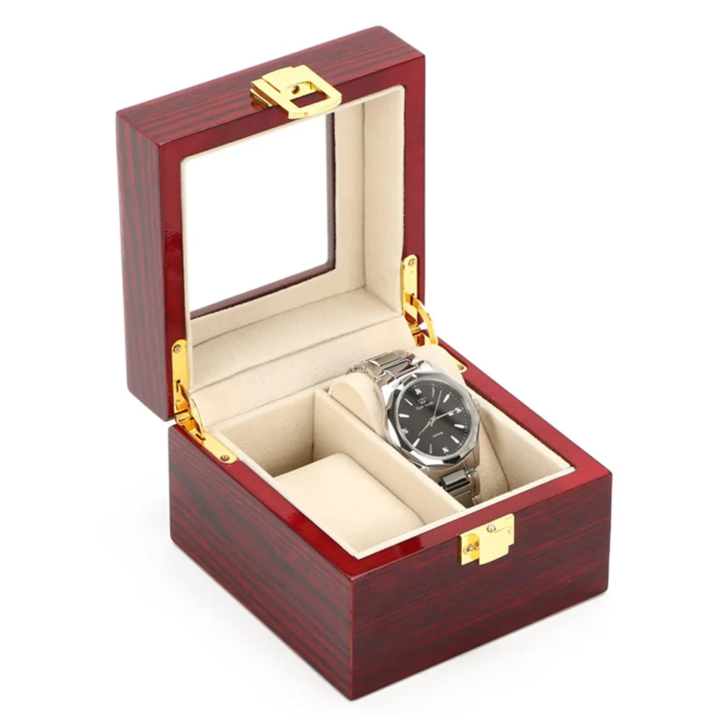 boîte montres rouge foncé bois velours classique cadenas doré places montres