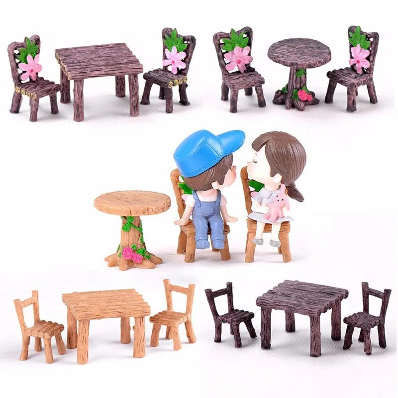 miniatures meubles rustiques table chaise figurines amour fleurs imitation bois texturé decoration chambre enfants