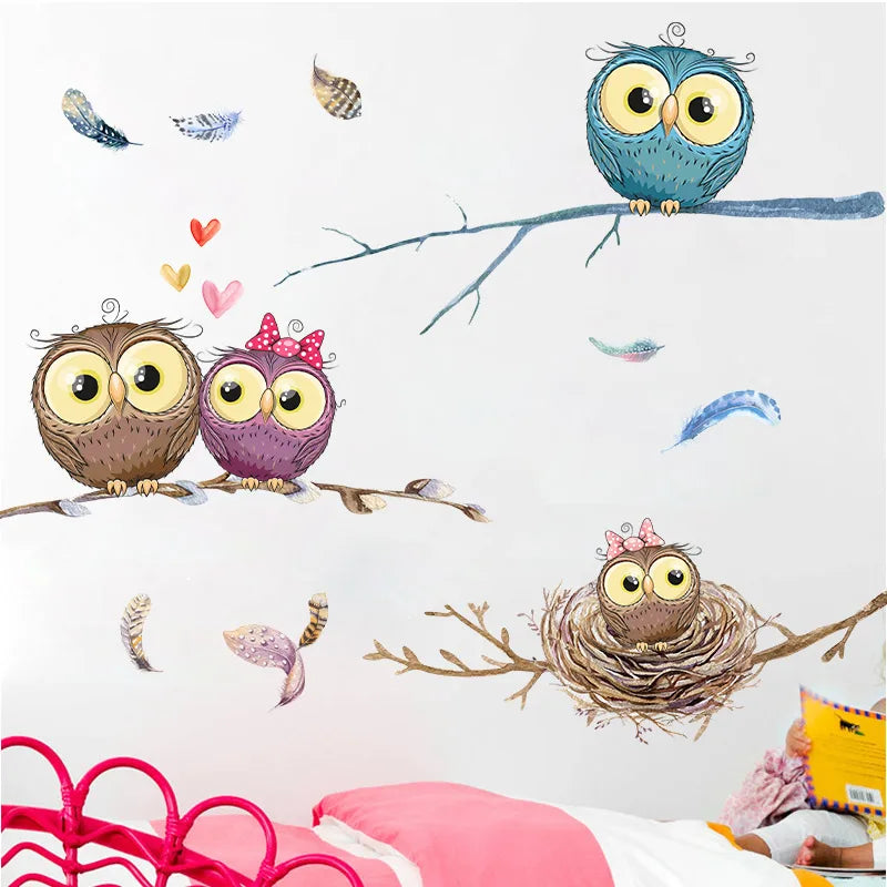 sticker mural dessin animé hibou bébé branches plumes coeurs animal compagnie chambre enfant bleu