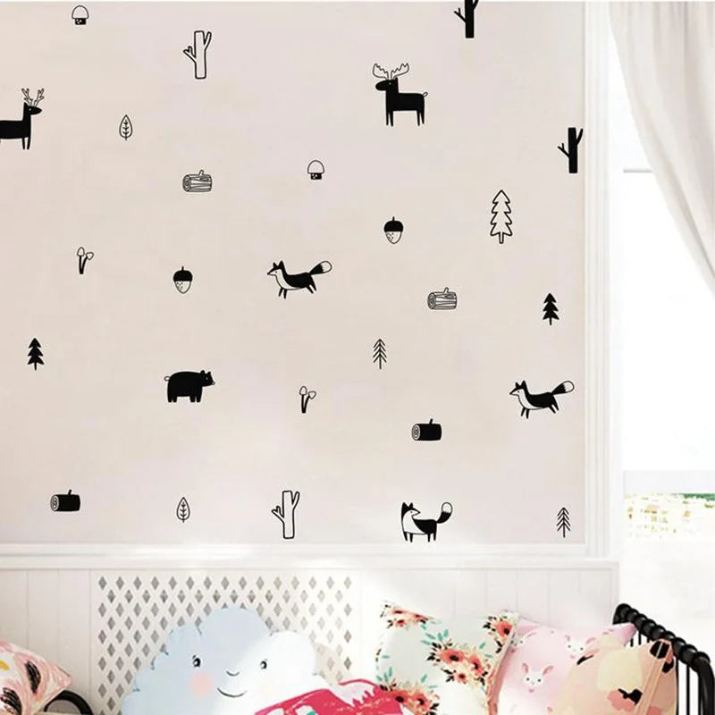 stickers muraux animaux forêt scandinave minimaliste adhésif noir blanc renard ours cerfs arbres