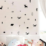 stickers muraux animaux forêt scandinave minimaliste adhésif noir blanc renard ours cerfs arbres