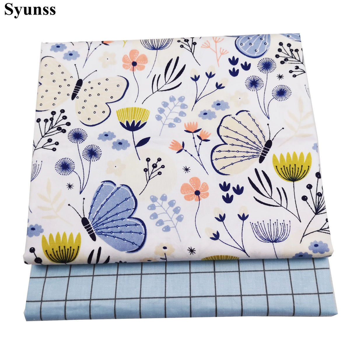 tissu coton blanc papillons fleurs géométrique moderne largeur 160cm orange bleu jaunes printemps