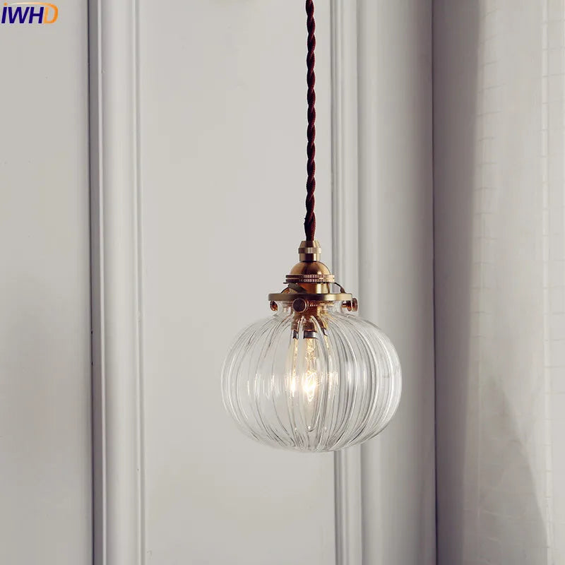 lampe suspendue moderne boule verre transparent doré rayures vintage éclairage salon salle manger
