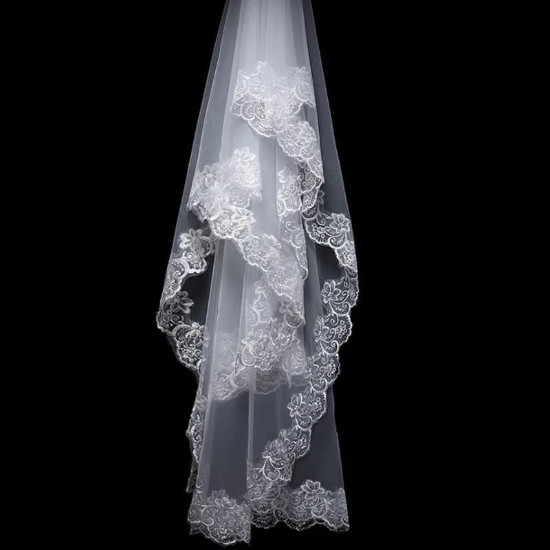 voile mariée blanc broderie florale classique bord dentelle polyester unique