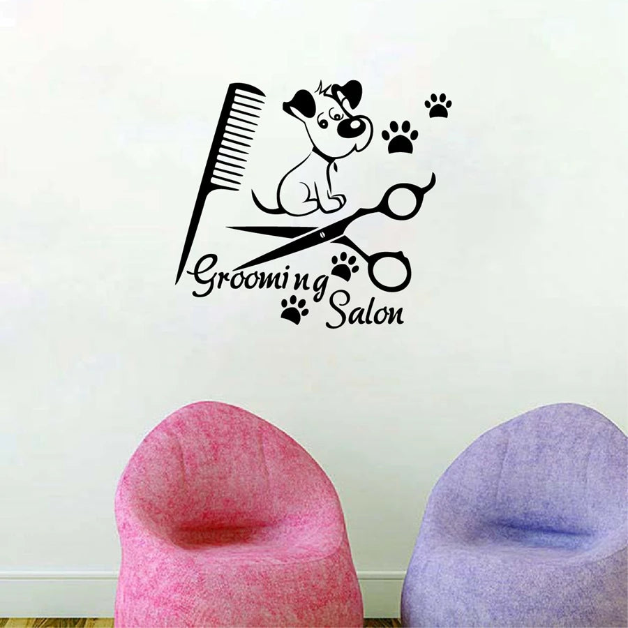 autocollant mural chien grooming salon animalerie décoration graphique noir ciseaux brosse empreintes pattes
