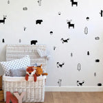 stickers muraux animaux forêt scandinave minimaliste adhésif noir blanc renard ours cerfs arbres