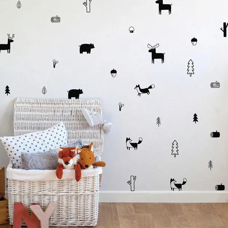 stickers muraux animaux forêt scandinave minimaliste adhésif noir blanc renard ours cerfs arbres