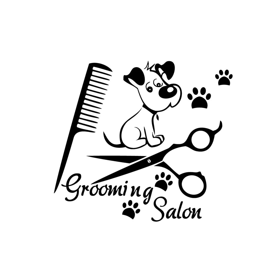autocollant mural chien grooming salon animalerie décoration graphique noir ciseaux brosse empreintes pattes