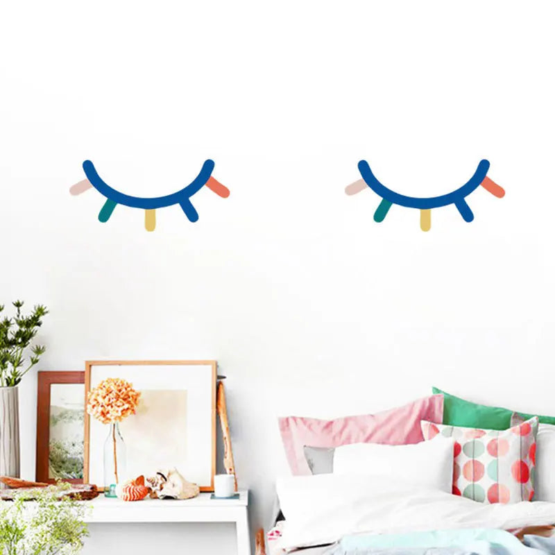Stickers muraux dessin animé yeux fermés couleur enfant adhésifs pvc résistants eau chambre bleu