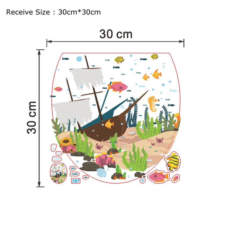 autocollant mural thème marin poissons bateau algues coraux blanc décoration salle bain facile poser