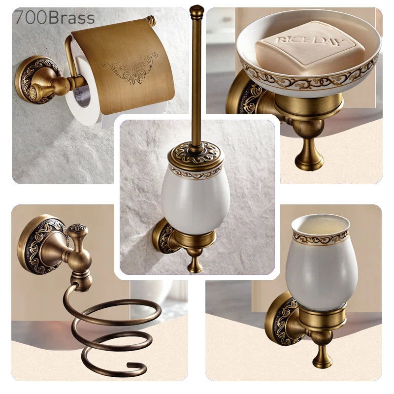 ensemble accessoires salle bain vintage bronze cuivre porte serviette crochet papier toilette