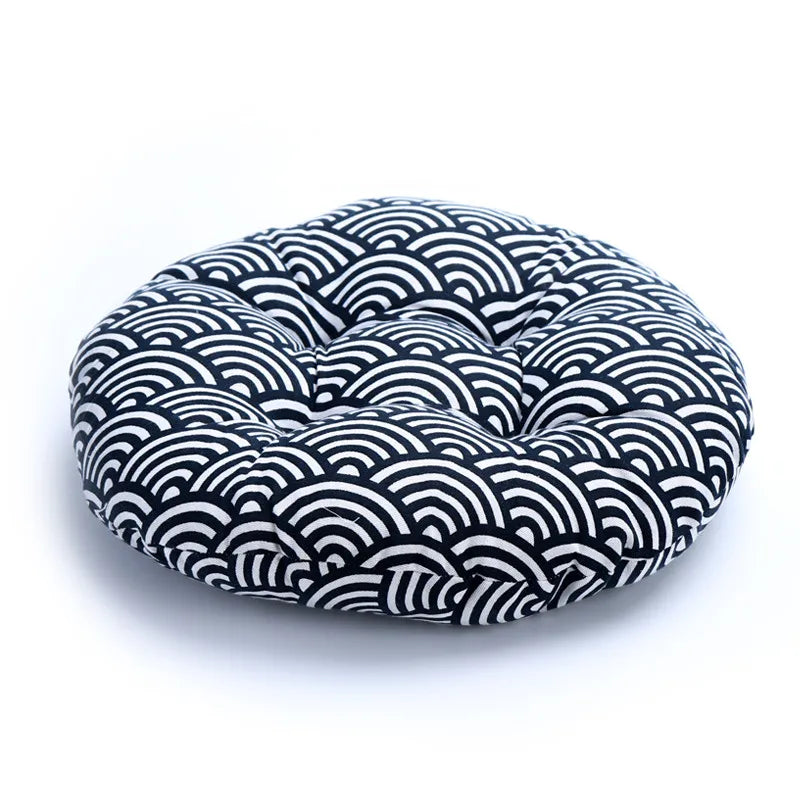 coussin sol rond bleu marine blanc motif patchwork moderne ethnique décoration voiture chaise sofa