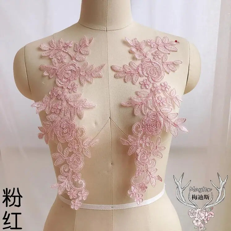 applique textile dentelle florale rose clair brodée opalique fine 14x35cm echangetable