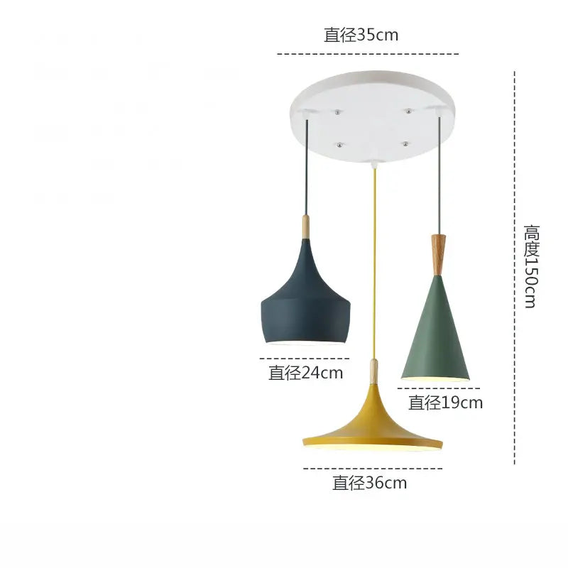 lampes suspendues modernes trois abatjours vert jaune rose blanc minimaliste