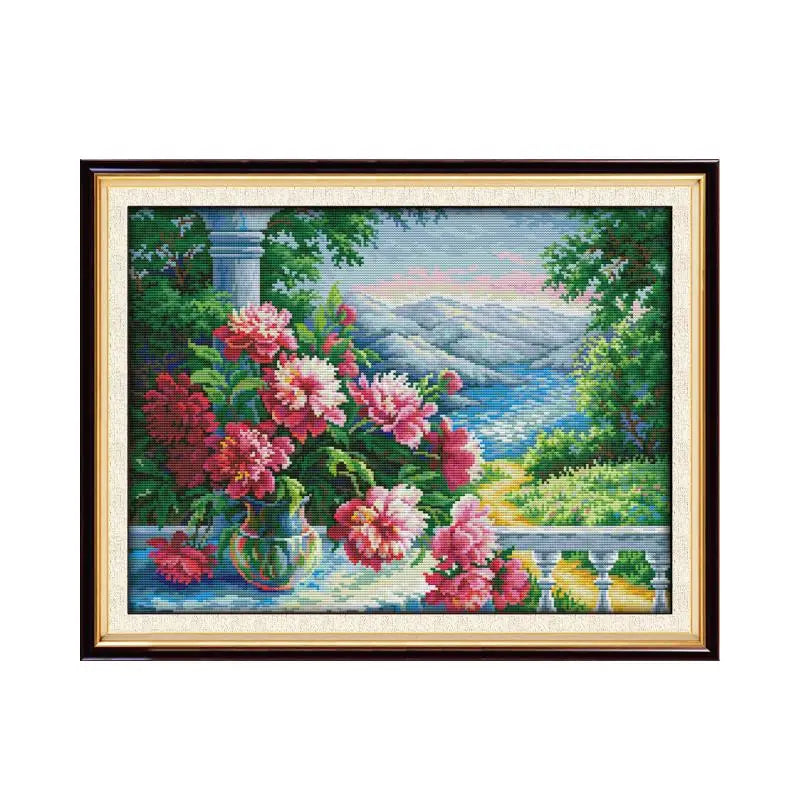 broderie point croix paysage montagne fleurs vase printemps tissu coton fil argent nuance rose