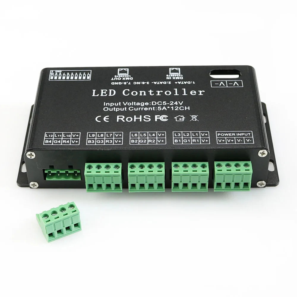 contrôleur led dmx 512 rgb 12 canaux 5a dc5v24v decodeur pwm noir industriel