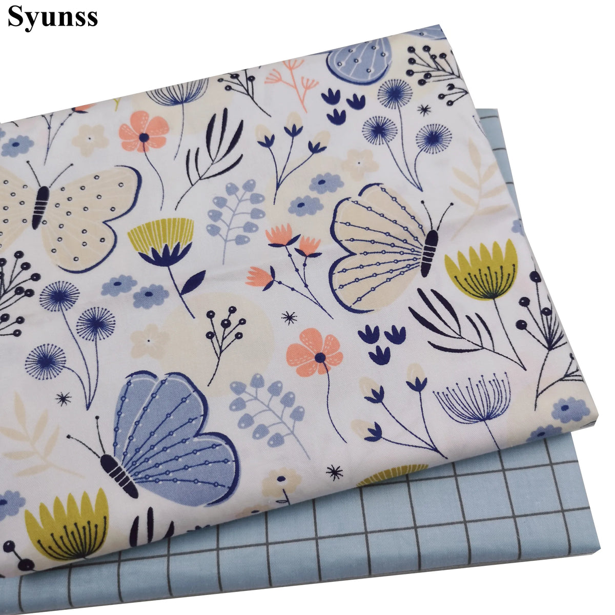 tissu coton blanc papillons fleurs géométrique moderne largeur 160cm orange bleu jaunes printemps