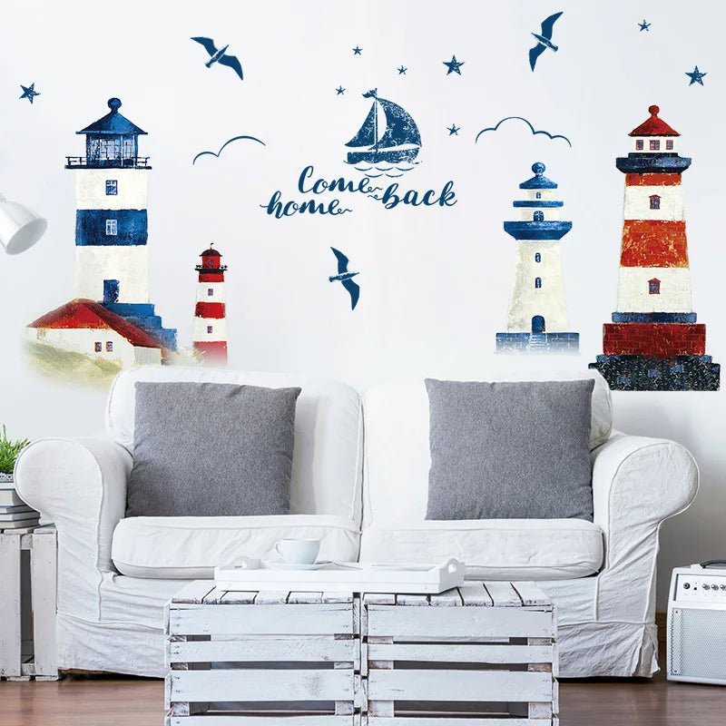 sticker mural bateau phare art marin grunge bleu blanc rouge come back