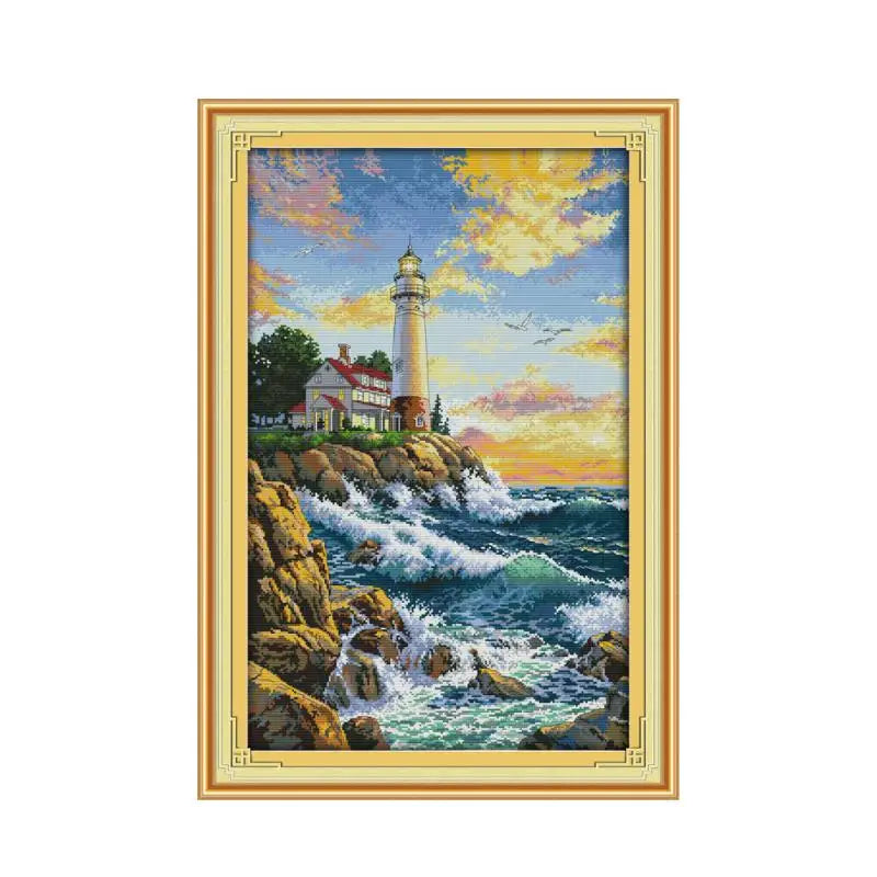 broderie point croix paysage phare mer nuages vagues aida coton multicolore scénique
