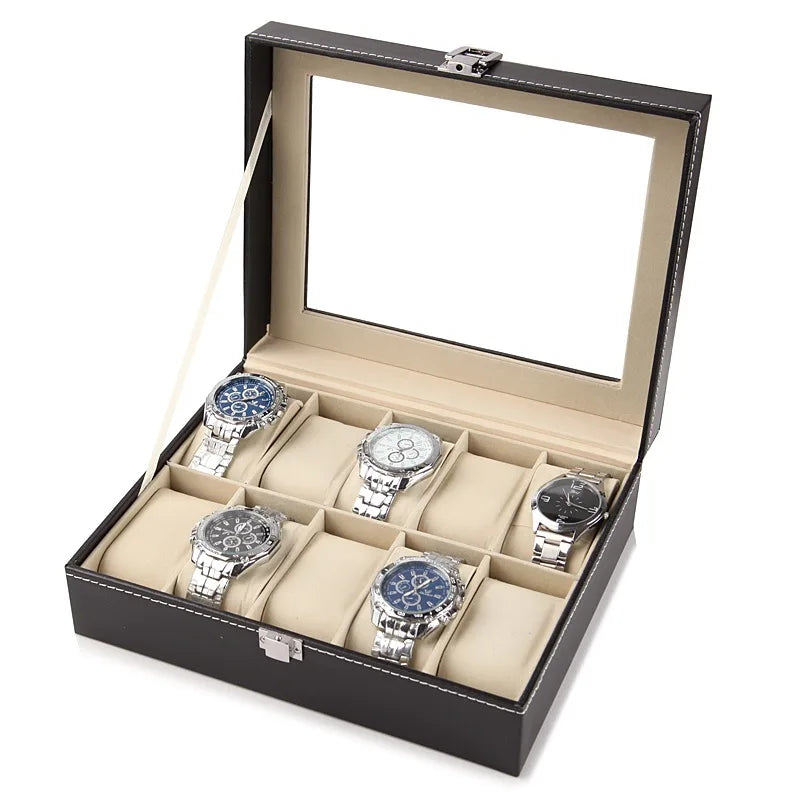 boîte rangement montres simili cuir noir 12 slots classique
