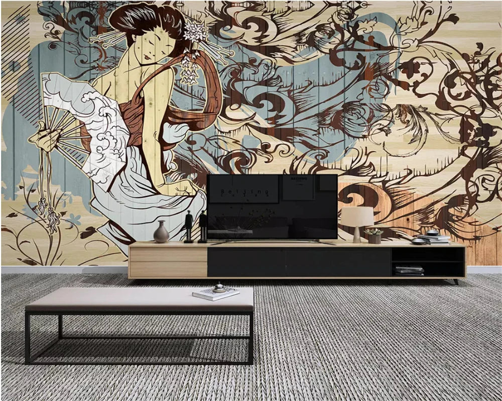 papier peint illustration femme japonaise motifs floraux art deco beige marron résistant humidité son