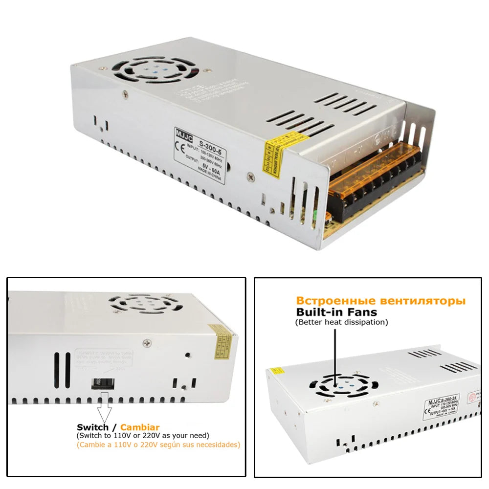 alimentation électrique 5v 10a 20a 30a 40a 50w 100w 150w 200w 300w 350w perforée