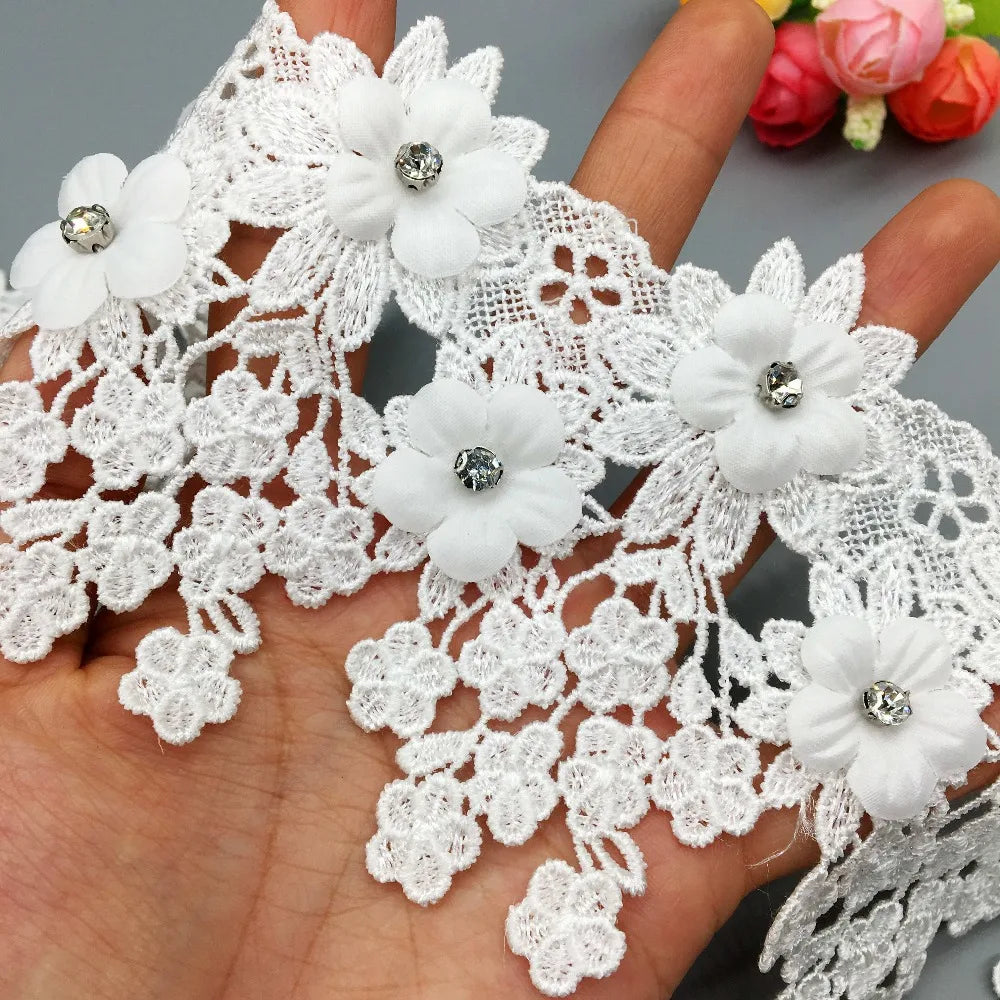 ruban dentelle fleurs relief strass mariage blanc rose doré coton polyester 9cm large élégant