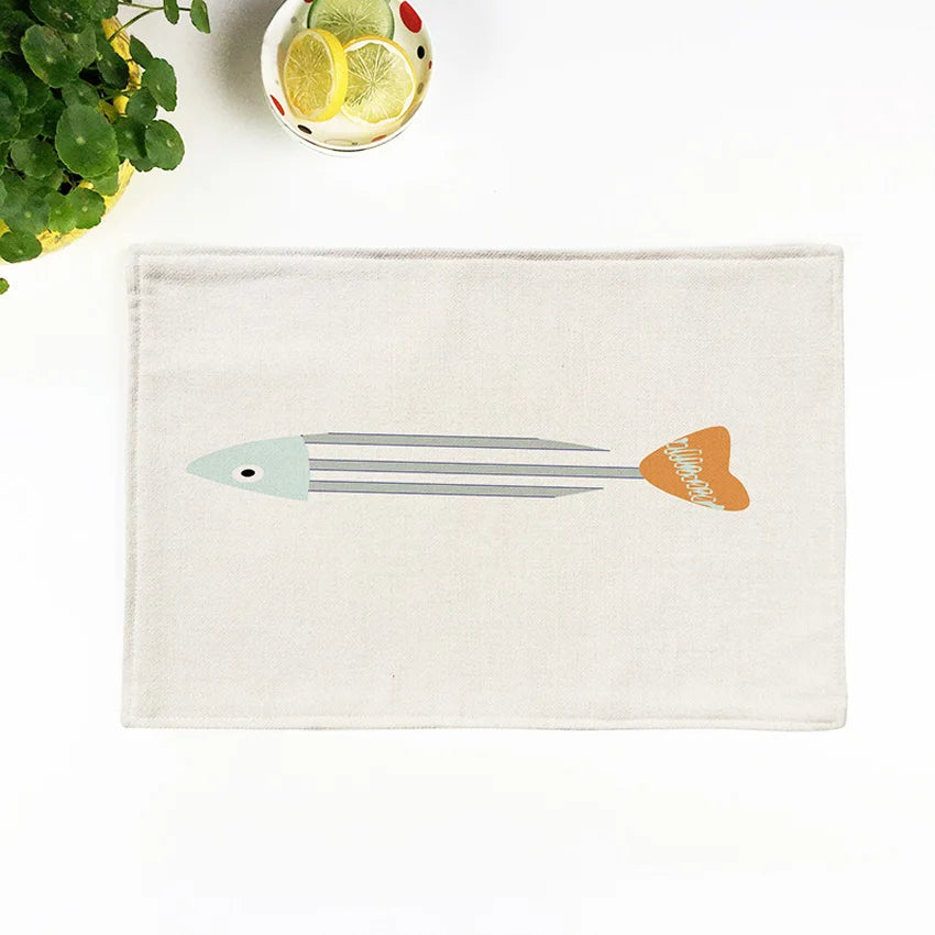 serviettes table lin motif poissons moderne bleu clair beige 44x28cm