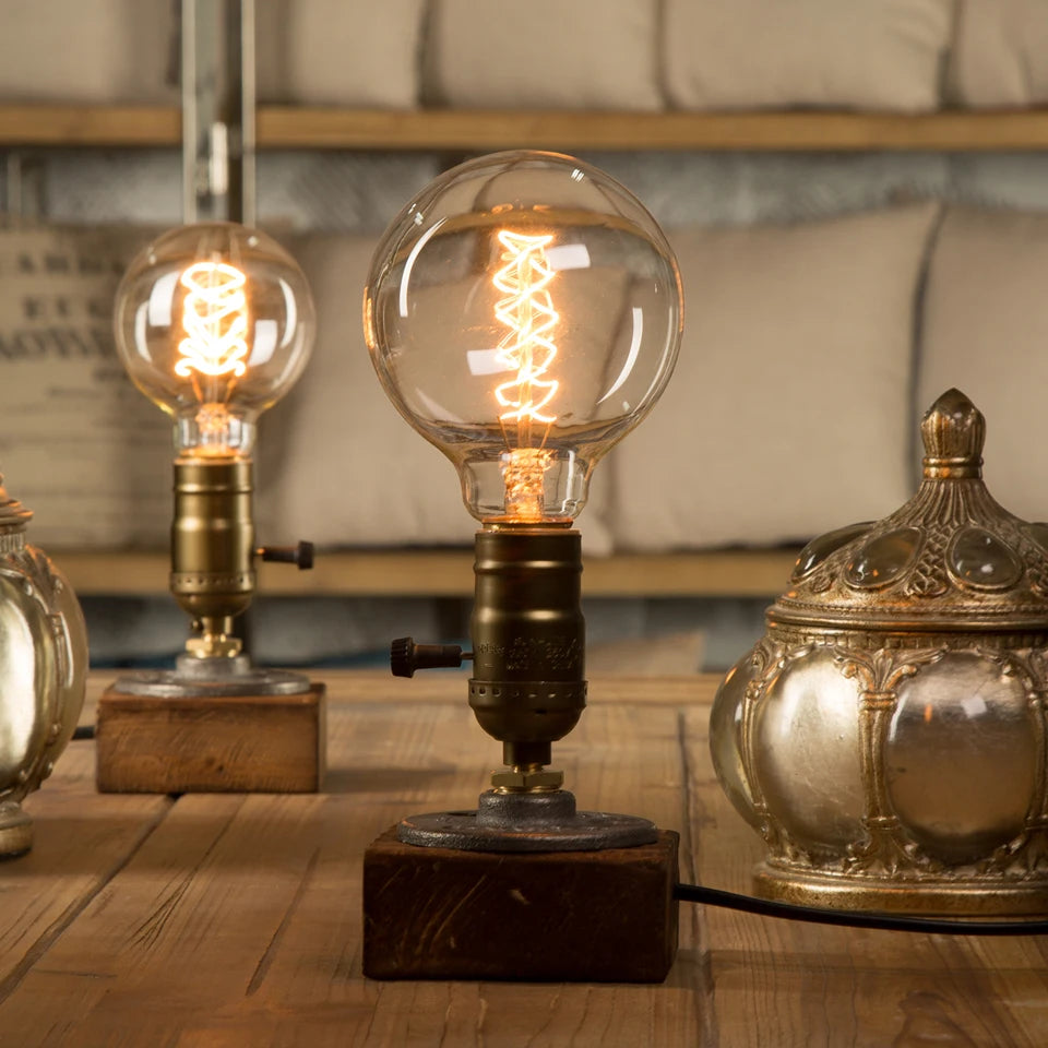 lampe table industrielle rétro variateur bois métal vieilli transparent bronze noir