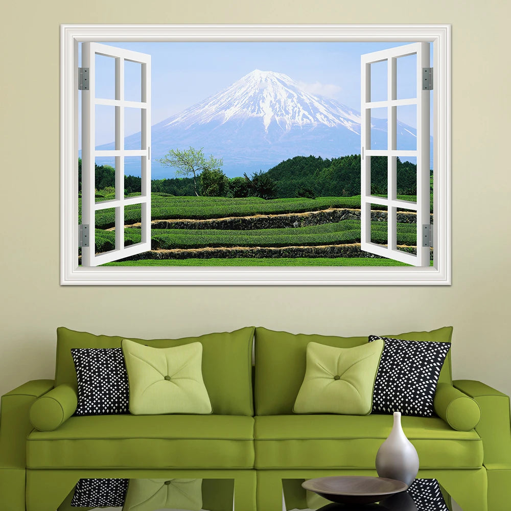 sticker mural 3d paysage naturel adhésif décoration intérieure fenêtre carreau meuble vert blanc gris
