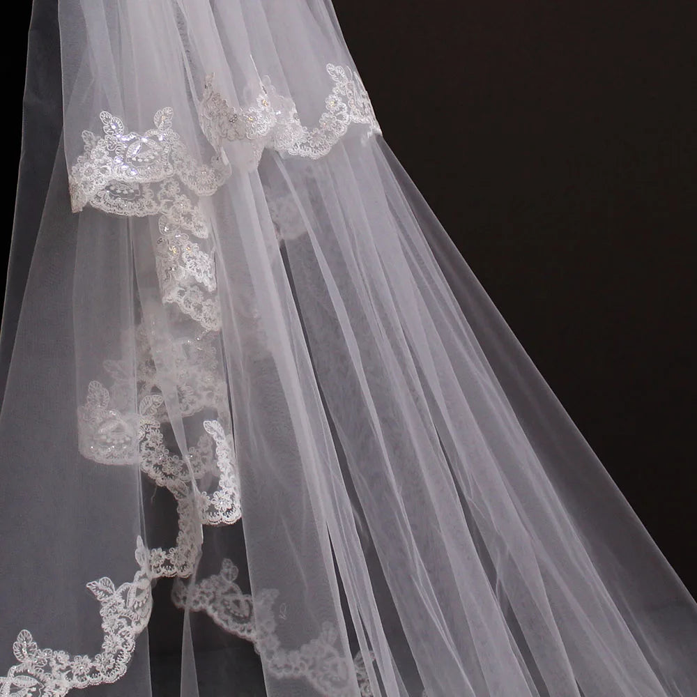 voile mariée deux couches dentelle paillettes blanc crème classique mètres polyester haute qualité