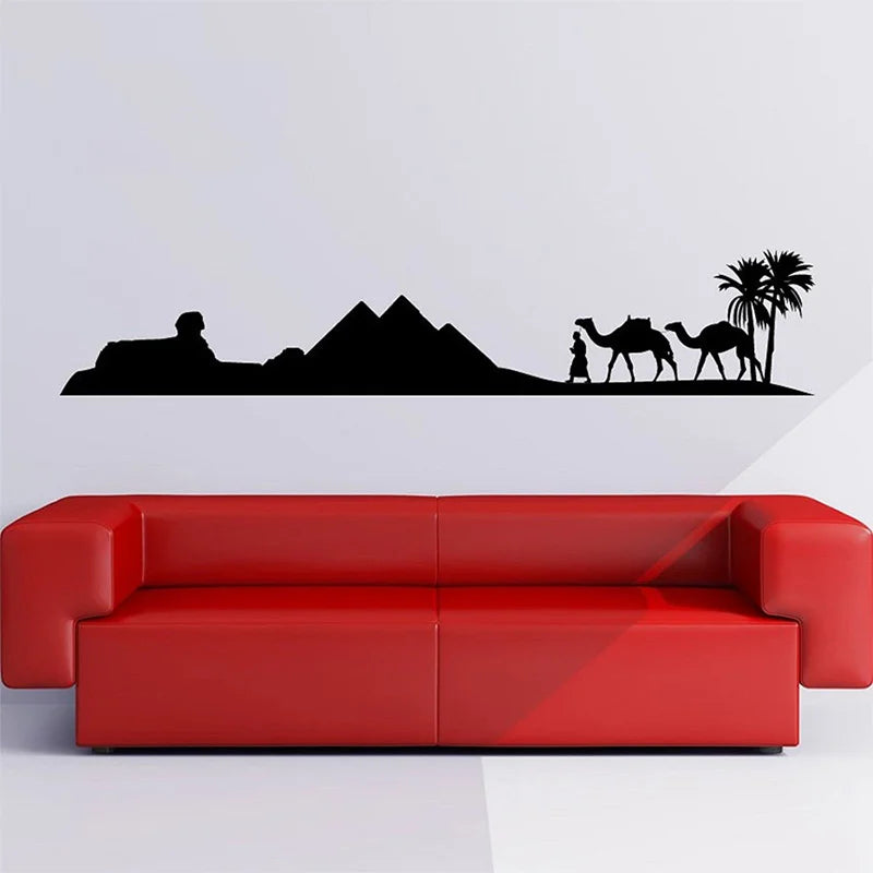 autocollant mural paysage pyramides chameaux minimaliste noir résistant eau décoration intérieure large medium small