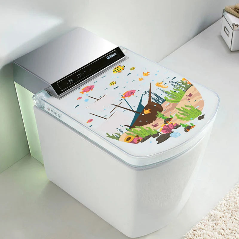 autocollant mural thème marin poissons bateau algues coraux blanc décoration salle bain facile poser