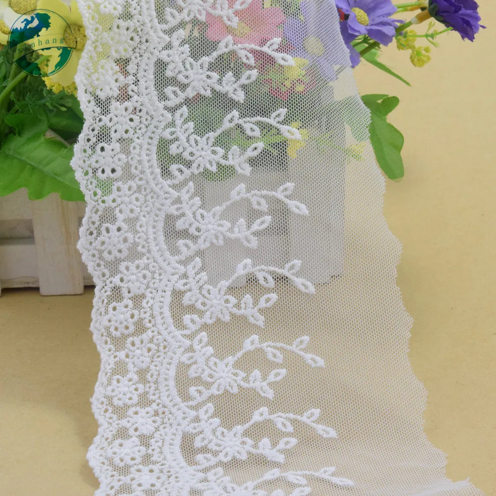 dentelle coton broderie florale 9cm large semi transparente traditionnelle blanc tricot couture bricolage garniture