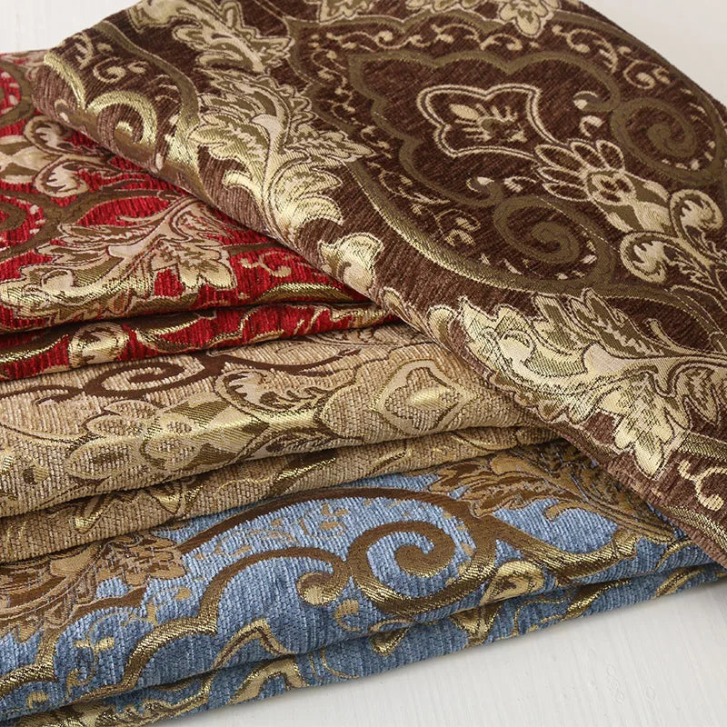 tissu brocart ornements floraux dorés rouge bleu marron beige classique 145cm biodegradable écologique