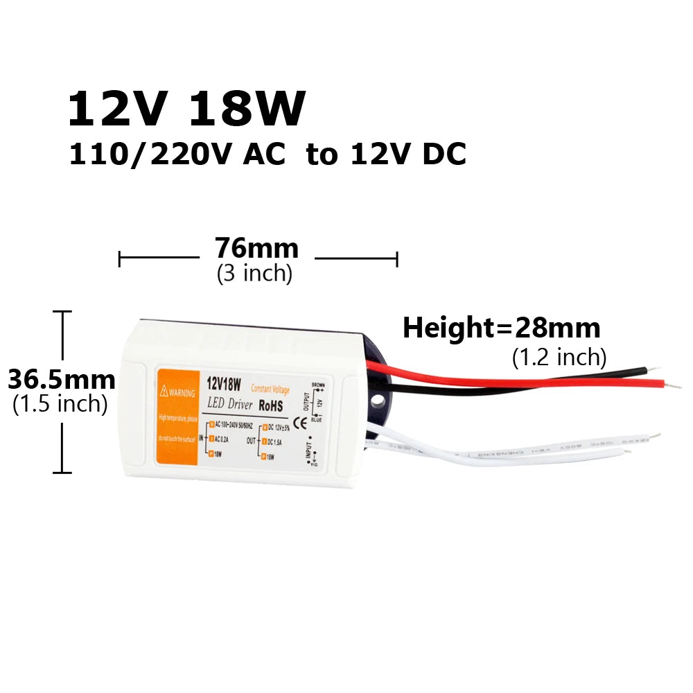 transformateur led 12v 18w 28w 48w 72w 100w blanc bleu moderne câbles vis certification